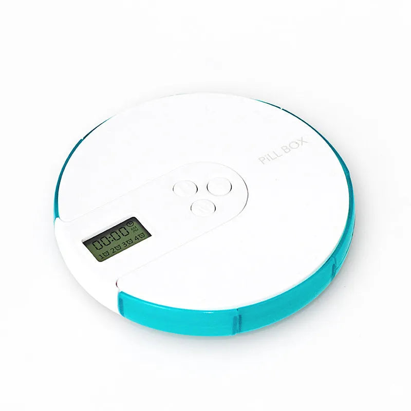 Seven compartment electronic pill dispenser with digital display and alarm clock functions in multiple colour options