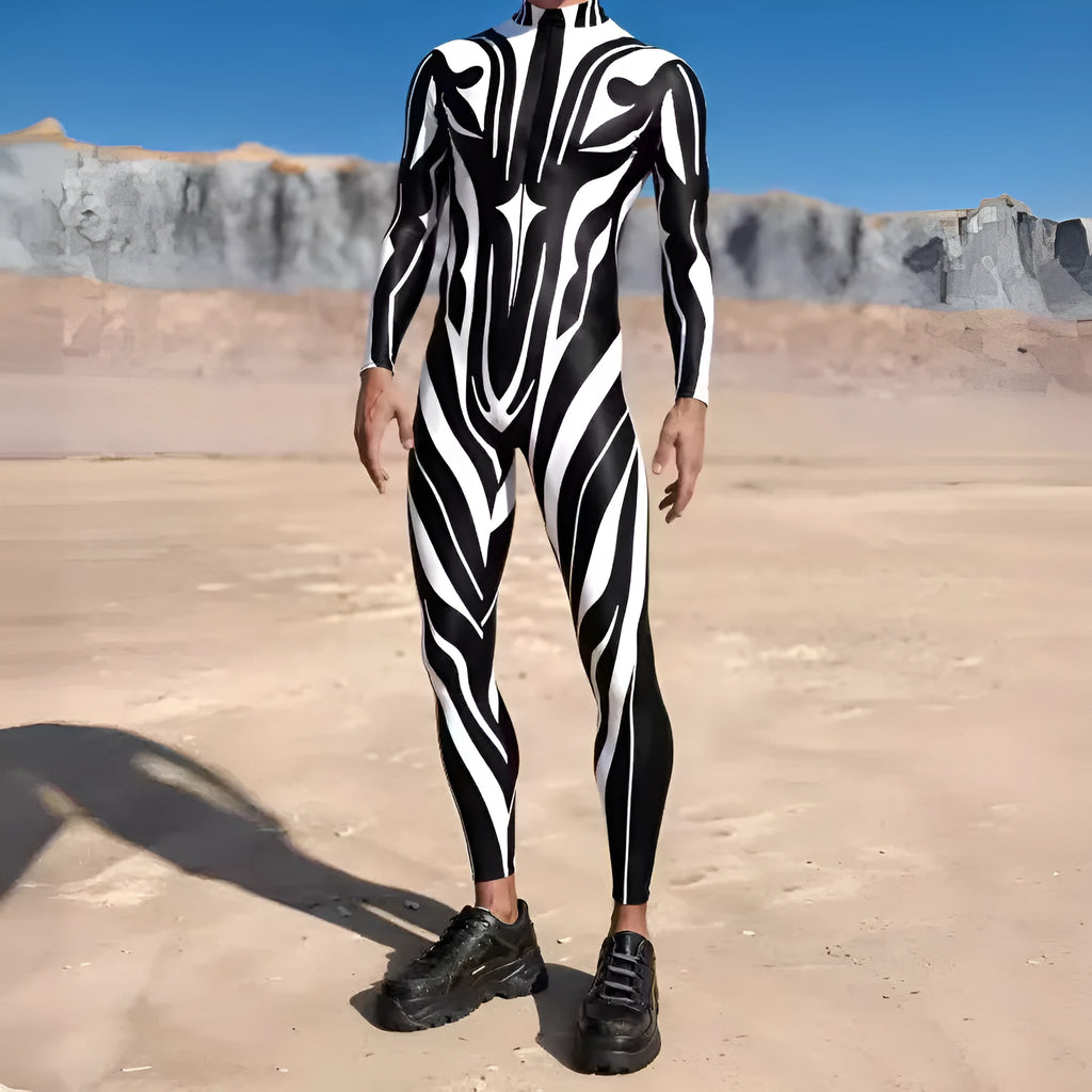 Halloween 3D digital print cosplay jumpsuit in Model 1 colour on adult model, showing full-body stretch fabric costume
