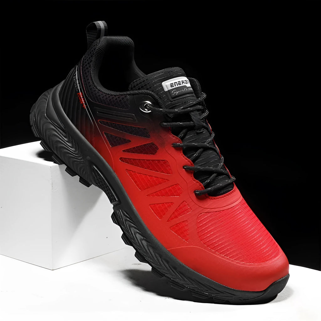 Men's black and grey breathable mesh running shoes with round toe and flat heel on a white background.