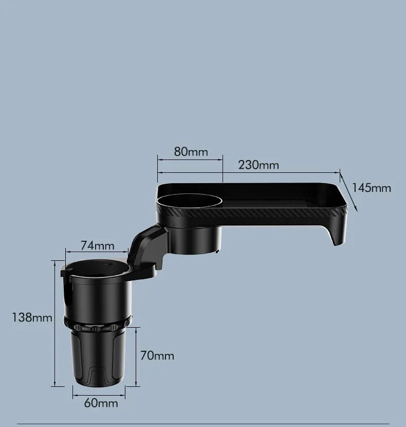 Black ABS plastic car-mounted rotating dinner tray holder installed in vehicle cup holder