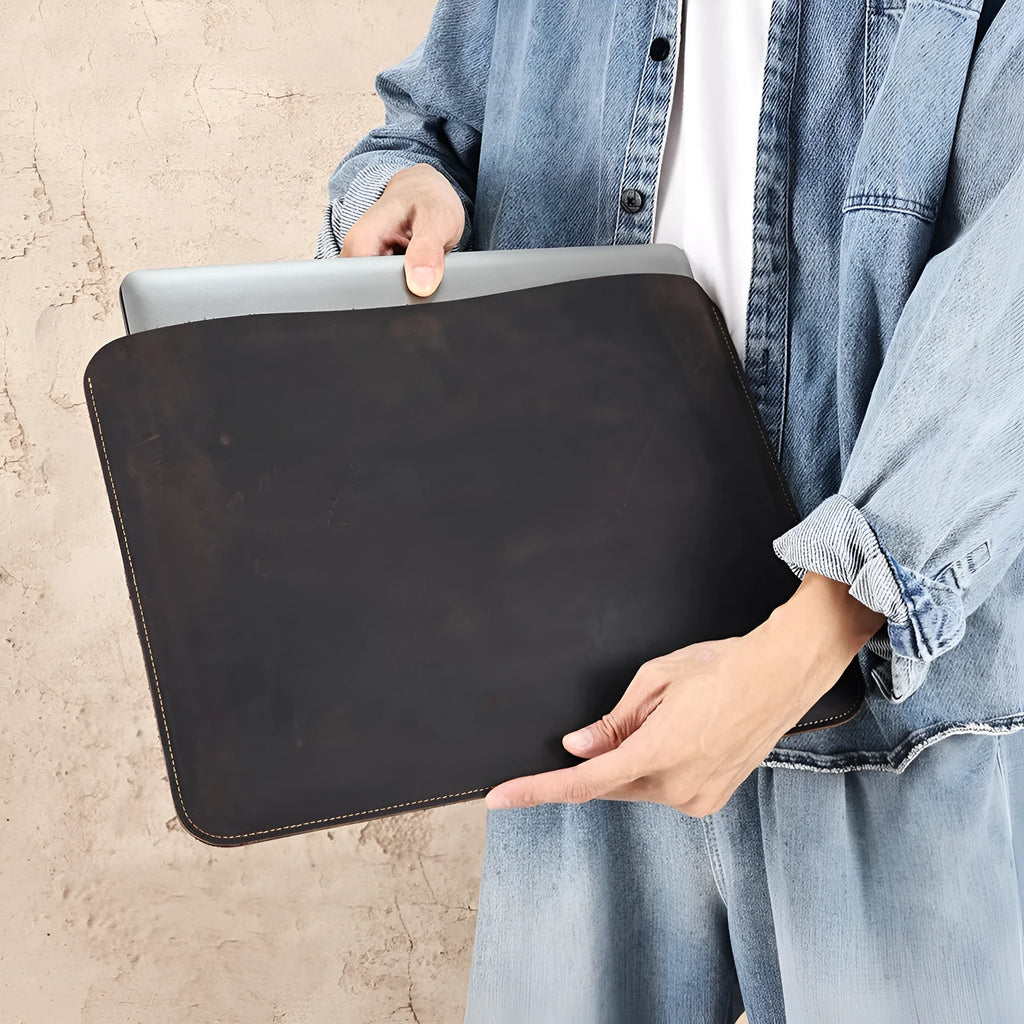 Genuine crazy horse leather computer liner bag in brown colour showing organisational compartments