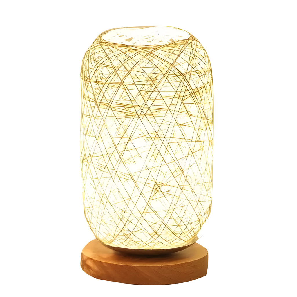 Brown hemp rope Sepak Takraw ball desk lamp on a wooden base with USB cable.