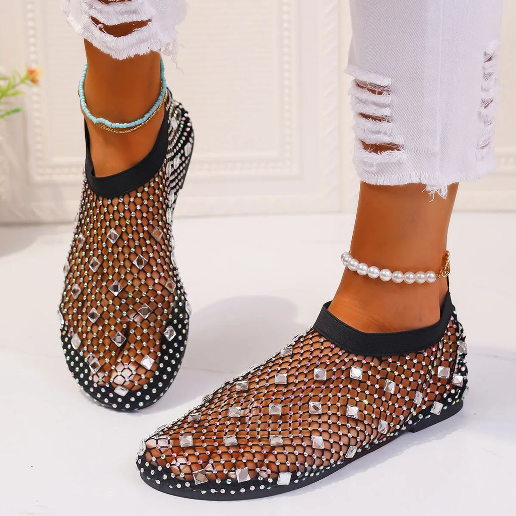 Women's flat sandals with mesh upper, colourful rhinestone design, and round toe
