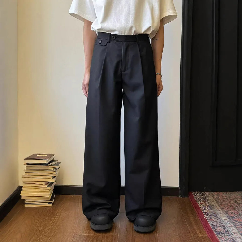 Men's straight-leg casual trousers with loose wide-leg fit in polyester blend fabric