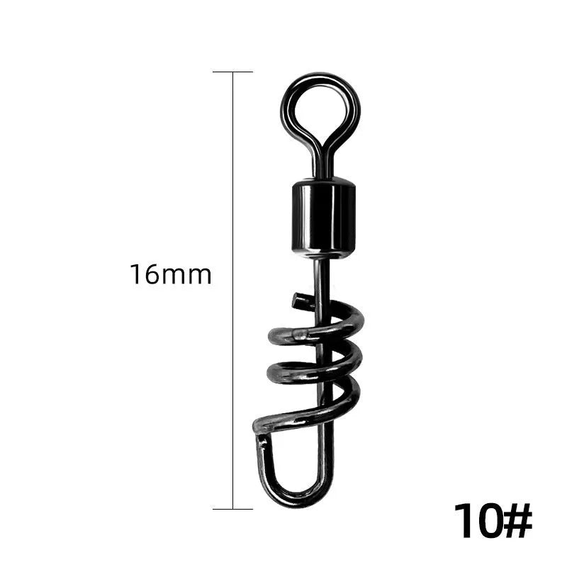 Copper and stainless steel 8-shaped fishing swivel connector on a blue background.