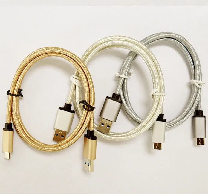 USB Type-C to USB-A charging cable with metal plugs in gold, grey, or silver colours