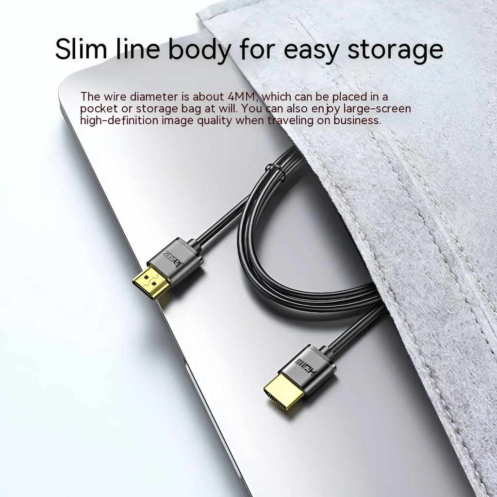 Gold-plated HDMI video cable with thin, flexible black wire available in multiple lengths.