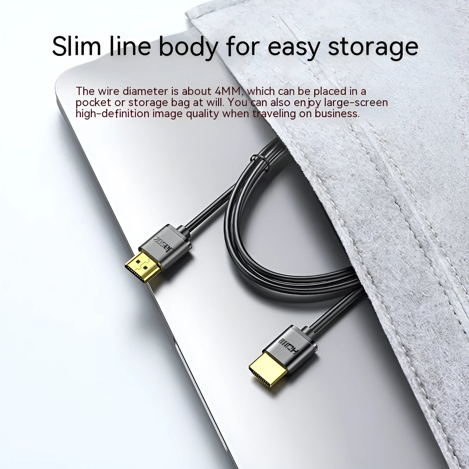Gold-plated HDMI video cable with thin, flexible black wire available in multiple lengths.