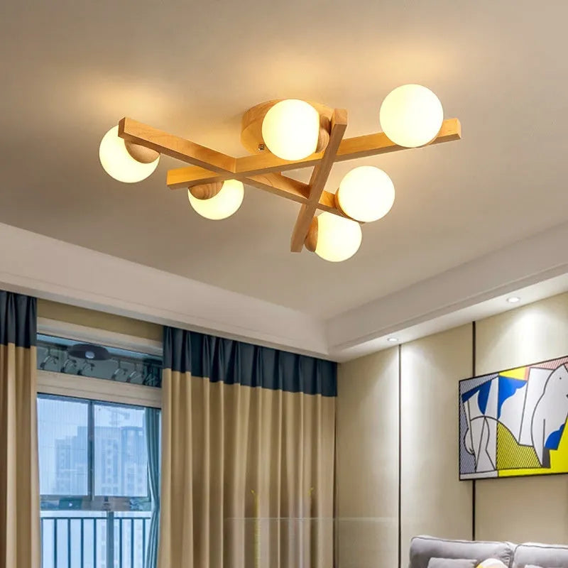 Wooden style three-head ceiling light with Nordic modern design and neutral lighting