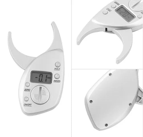 Digital body fat caliper with LCD display and anti-slip handle on white background