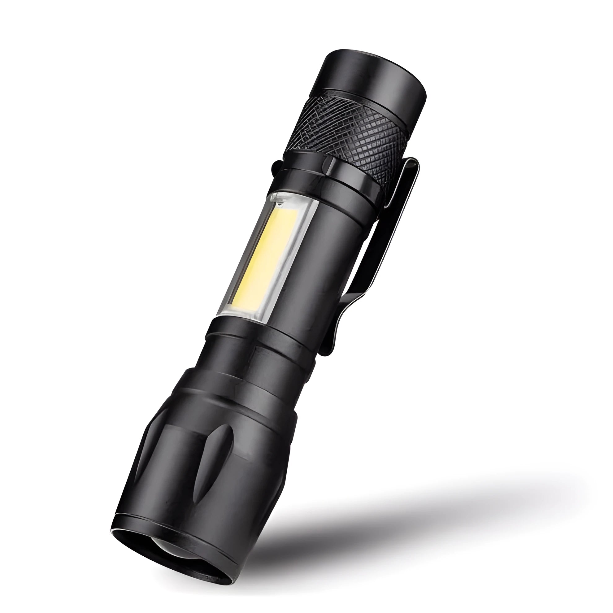 Black mini aluminium alloy telescopic LED flashlight with pocket clip, showing zoom adjustment.