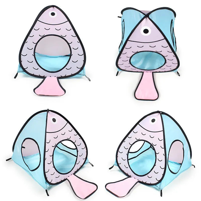 Foldable pet tent connected to tunnels in cat and fish colours for small cats