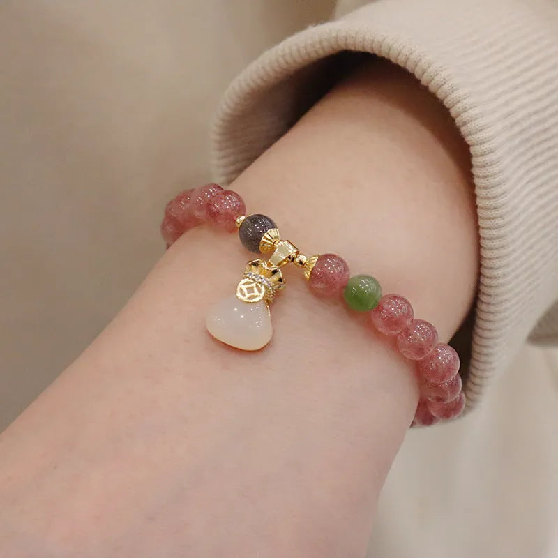 Geometric strawberry quartz and Hetian jade bracelet for women with a purse clasp.