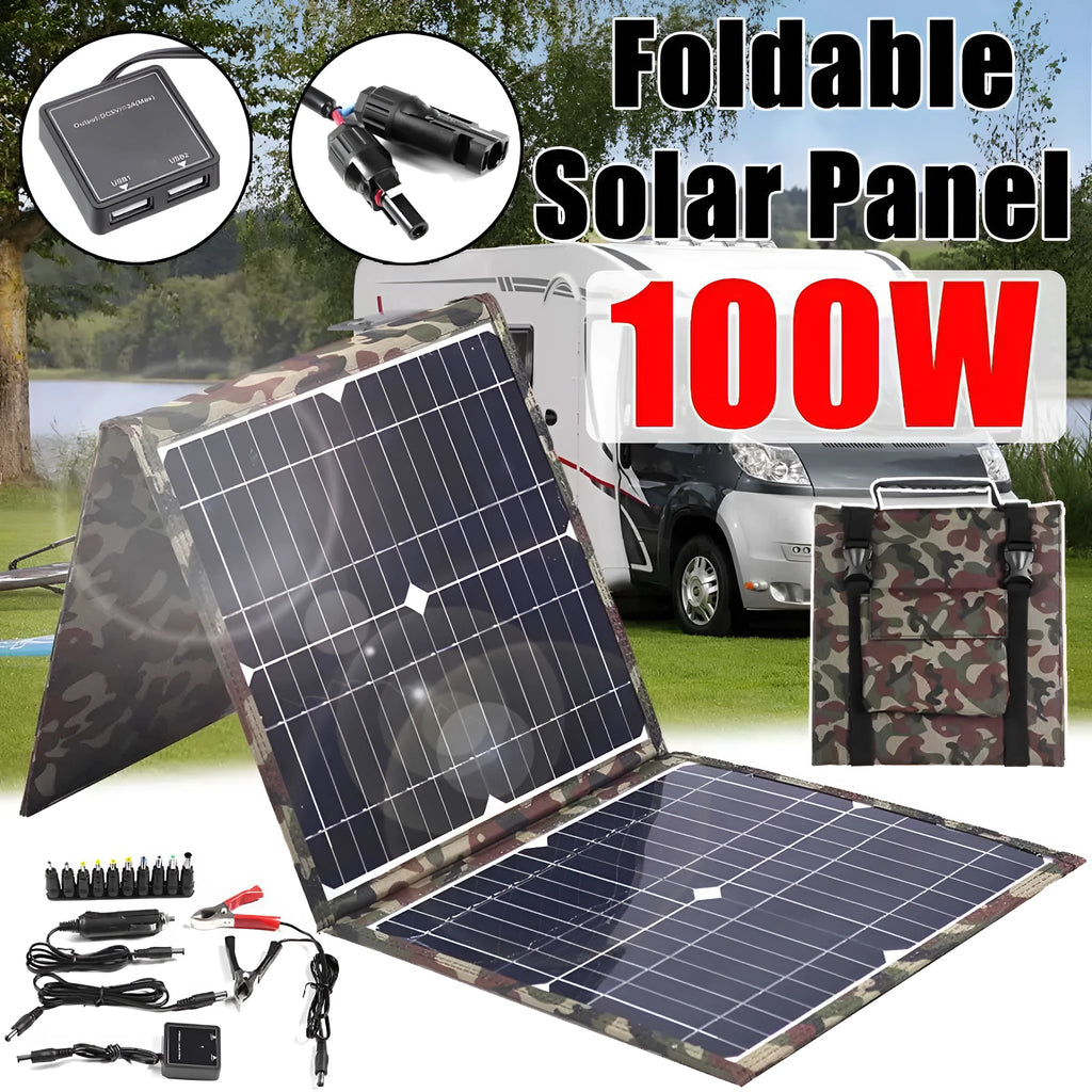 Black foldable 36W portable solar panel unfolded showing three solar cells, with car charger and cables.