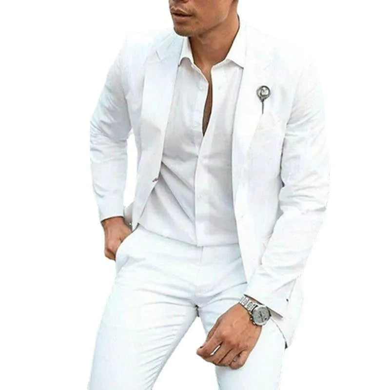 White slim fit two-piece wedding suit for grooms and groomsmen with extended XS to 5XL sizing