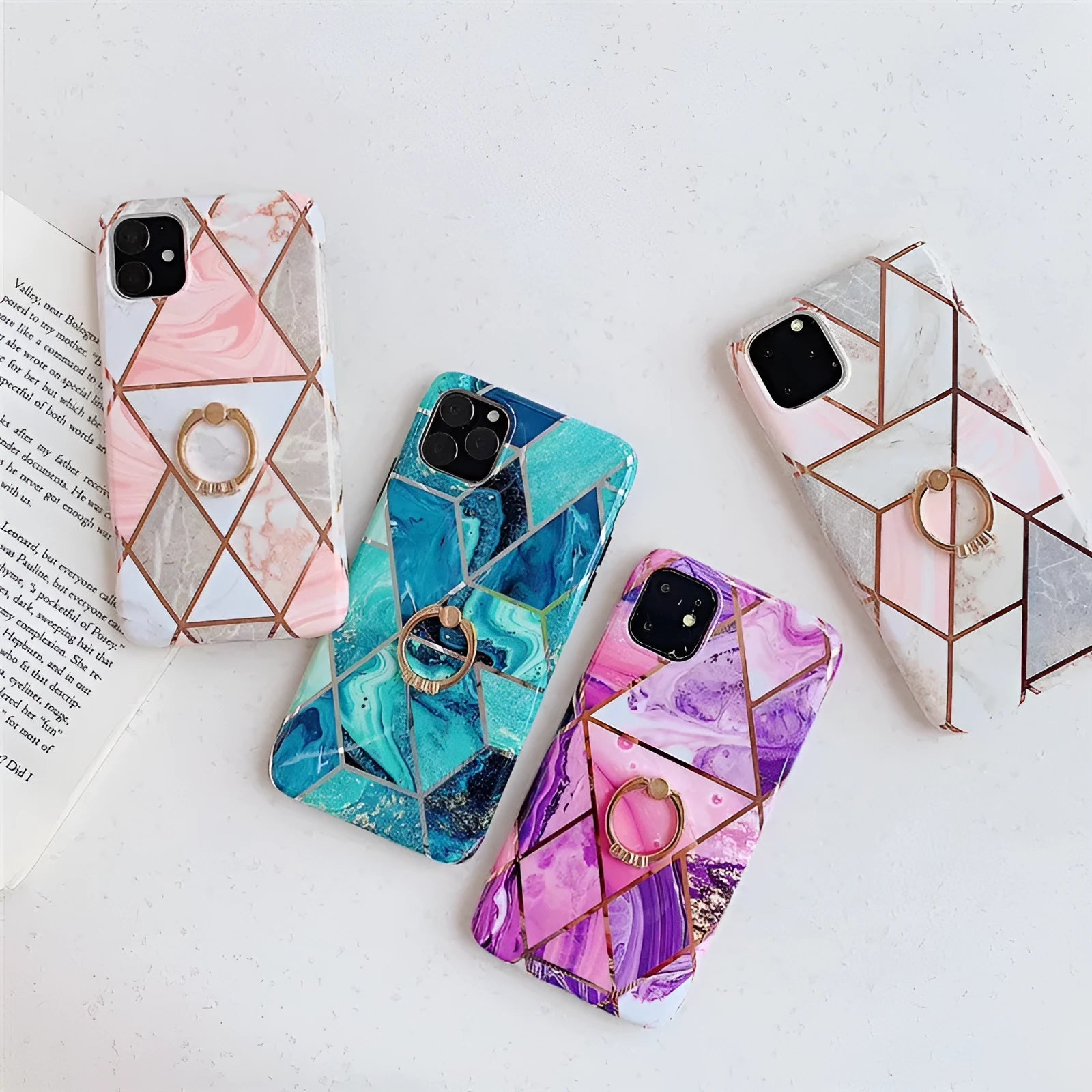 TPU geometric plating phone case with bracket ring for iPhone, in blue, pink, purple, or white colour options