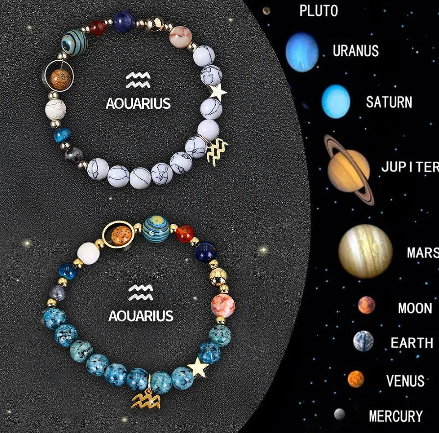 Set of twelve natural stone beaded bracelets featuring zodiac sign designs