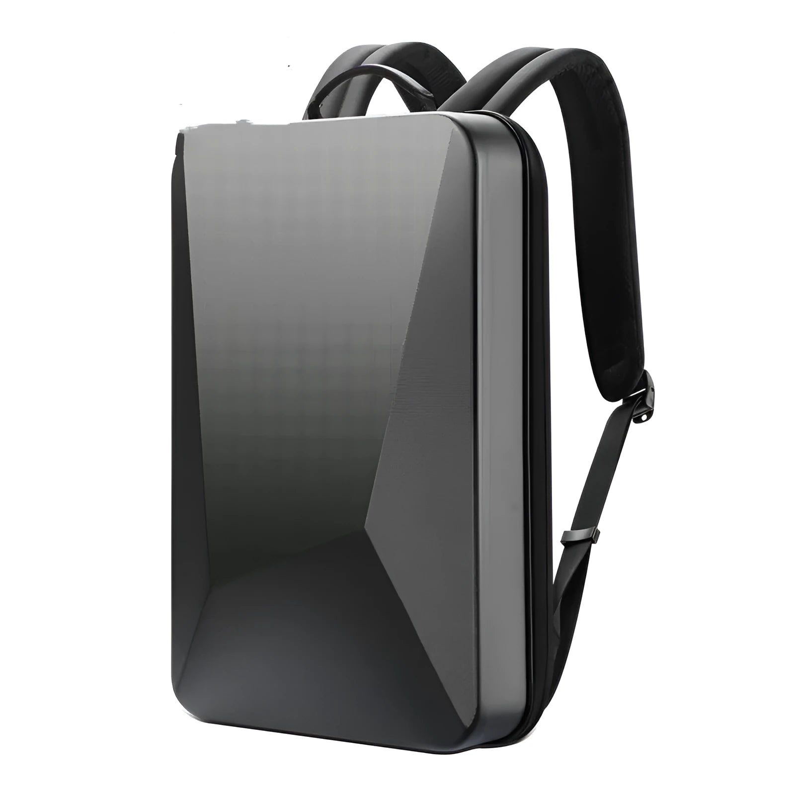 Large hard shell PC gaming backpack in black or silver with lock, showing dedicated laptop and organiser pockets