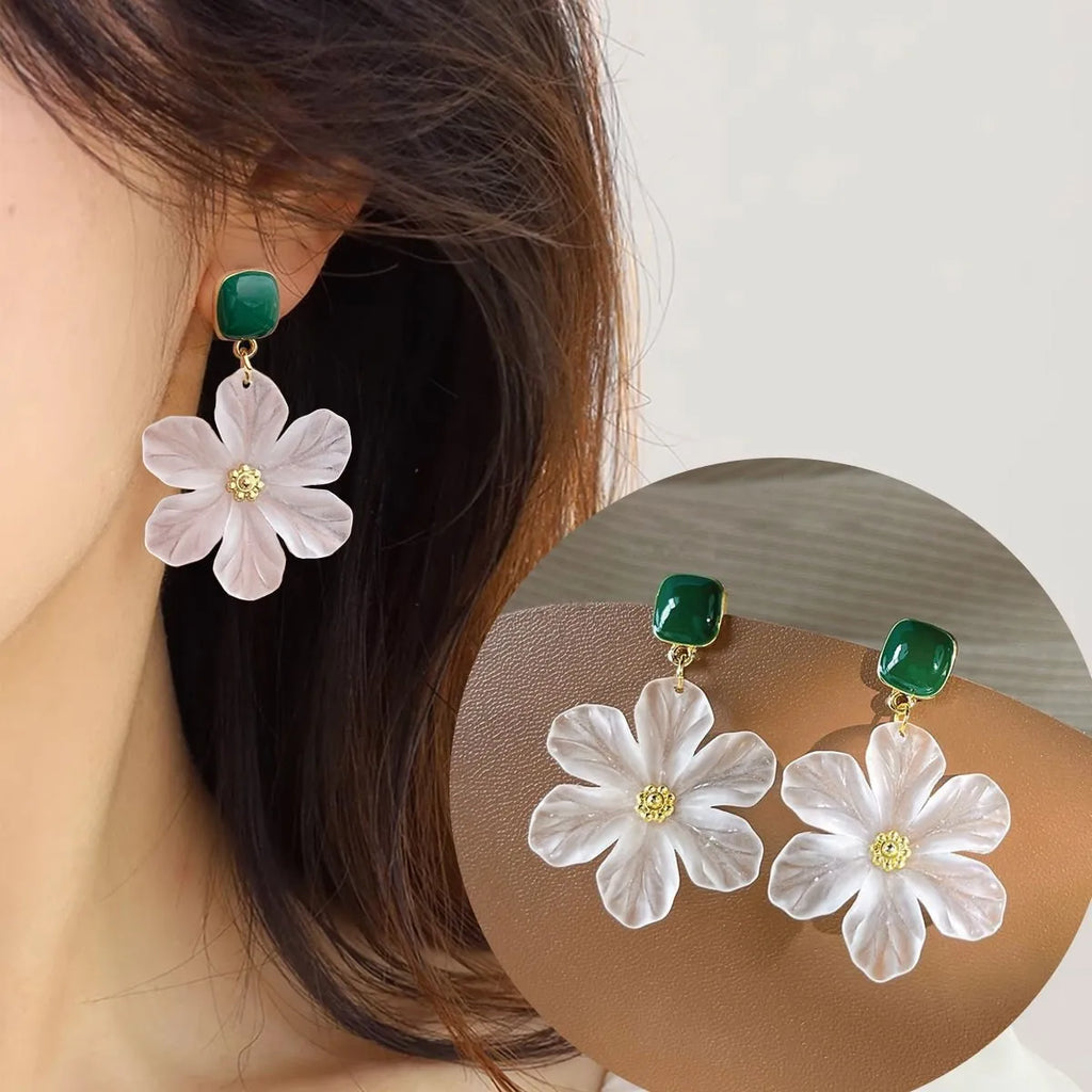 Dark green alloy floral earrings with sterling silver needle flower details for women