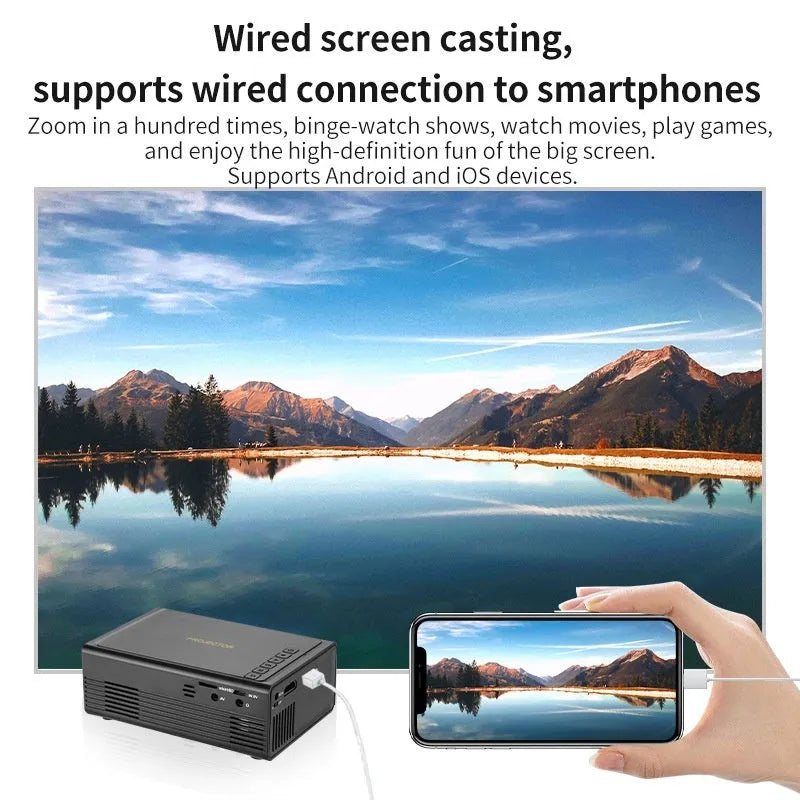 Black and white portable mini projector for wired mobile phone connection.