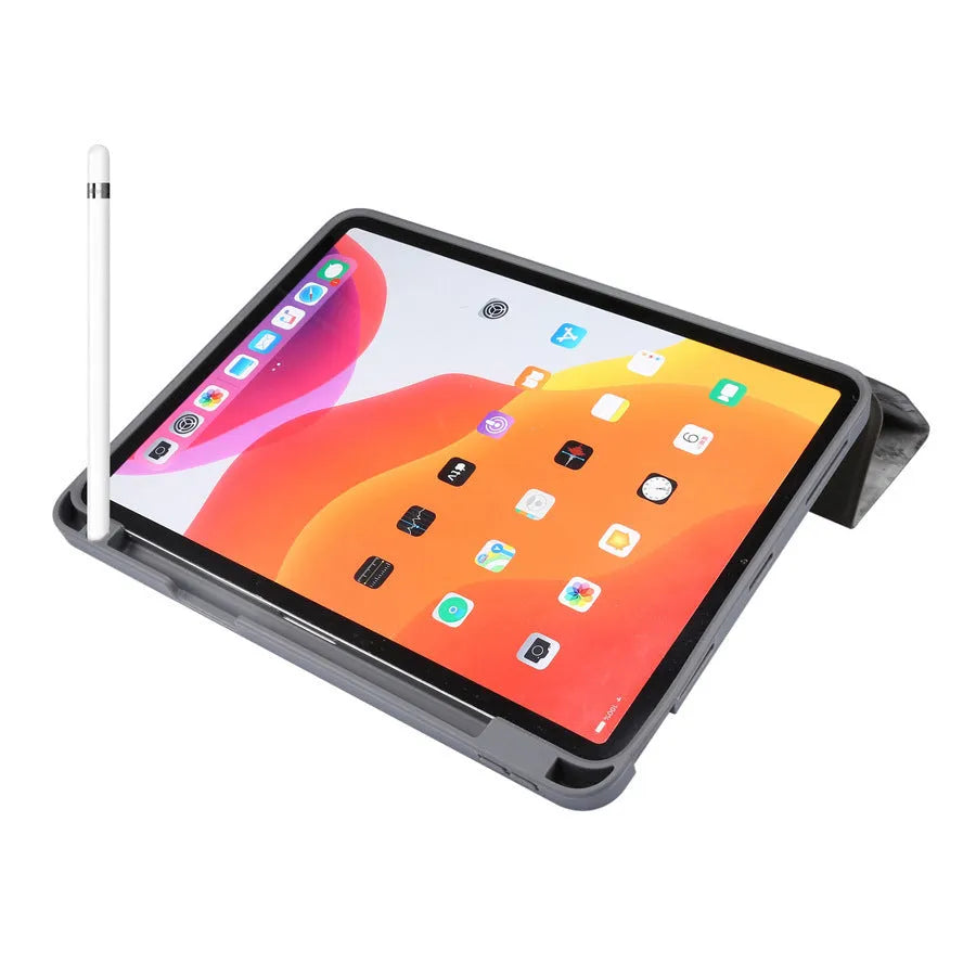Dark grey tri-fold marbling imitation leather iPad case with a visible slot for an Apple Pencil.