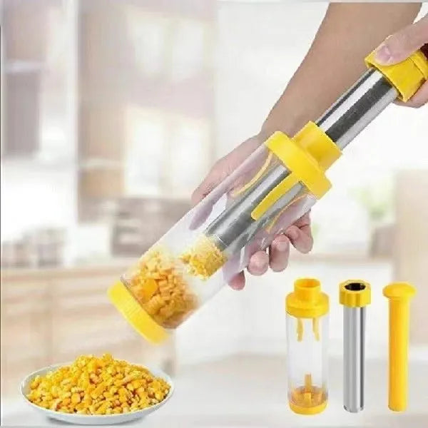 Yellow cylindrical corn stripper tool with ABS plastic and stainless steel construction for threshing corn kernels