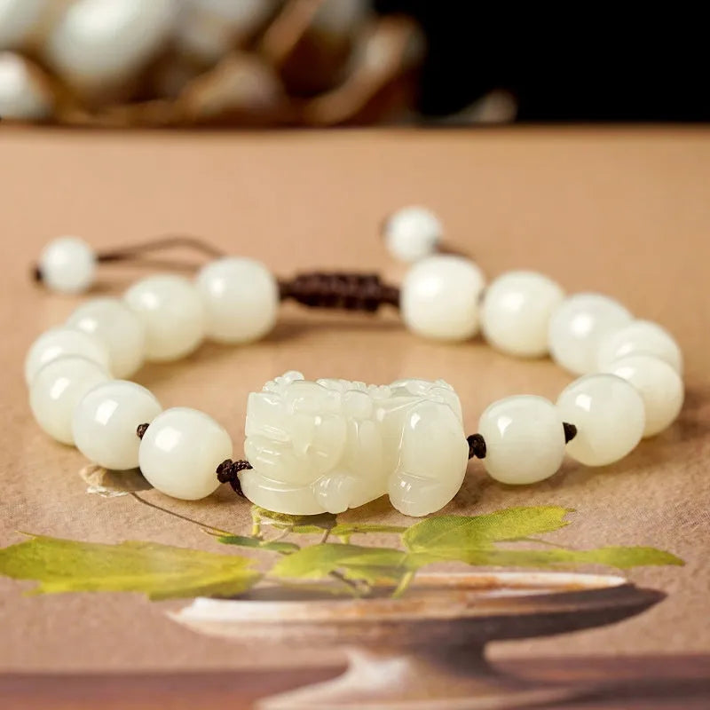 Hetian jade bead bracelet with black and red adjustable braided cord, Chinese style jewellery.