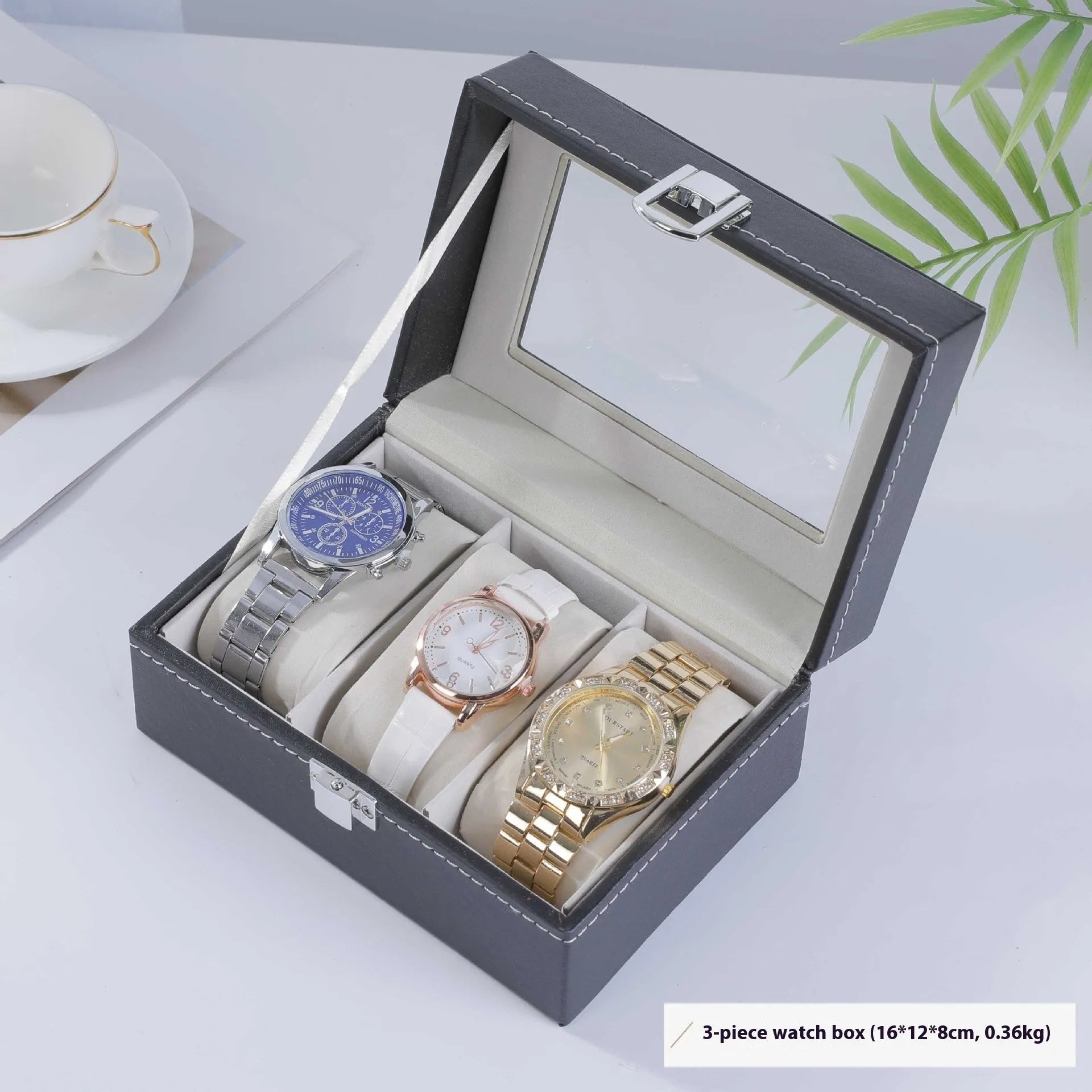 Grey high-grade leather watch storage box with see-through lid for dust protection.
