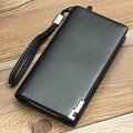Men's black PU leather bifold wallet with a zipper closure, showing card slots and a coin compartment.