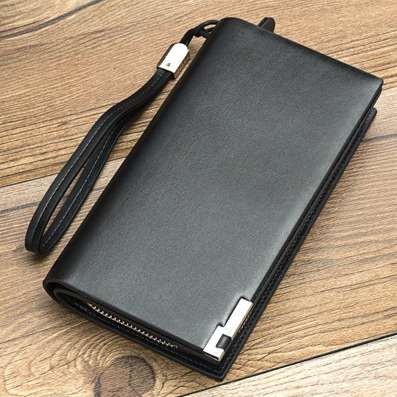 Men's black PU leather bifold wallet with a zipper closure, showing card slots and a coin compartment.