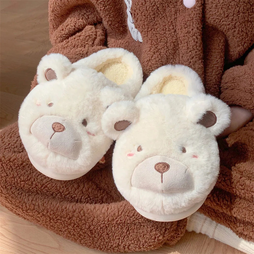 Women's plush slippers with suede upper in round toe design and cartoon pattern