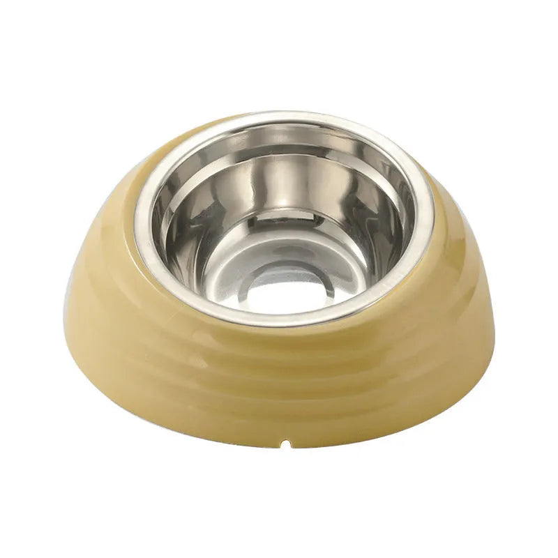Stainless steel cat bowl with plastic base in beige, brown, or light green colour options