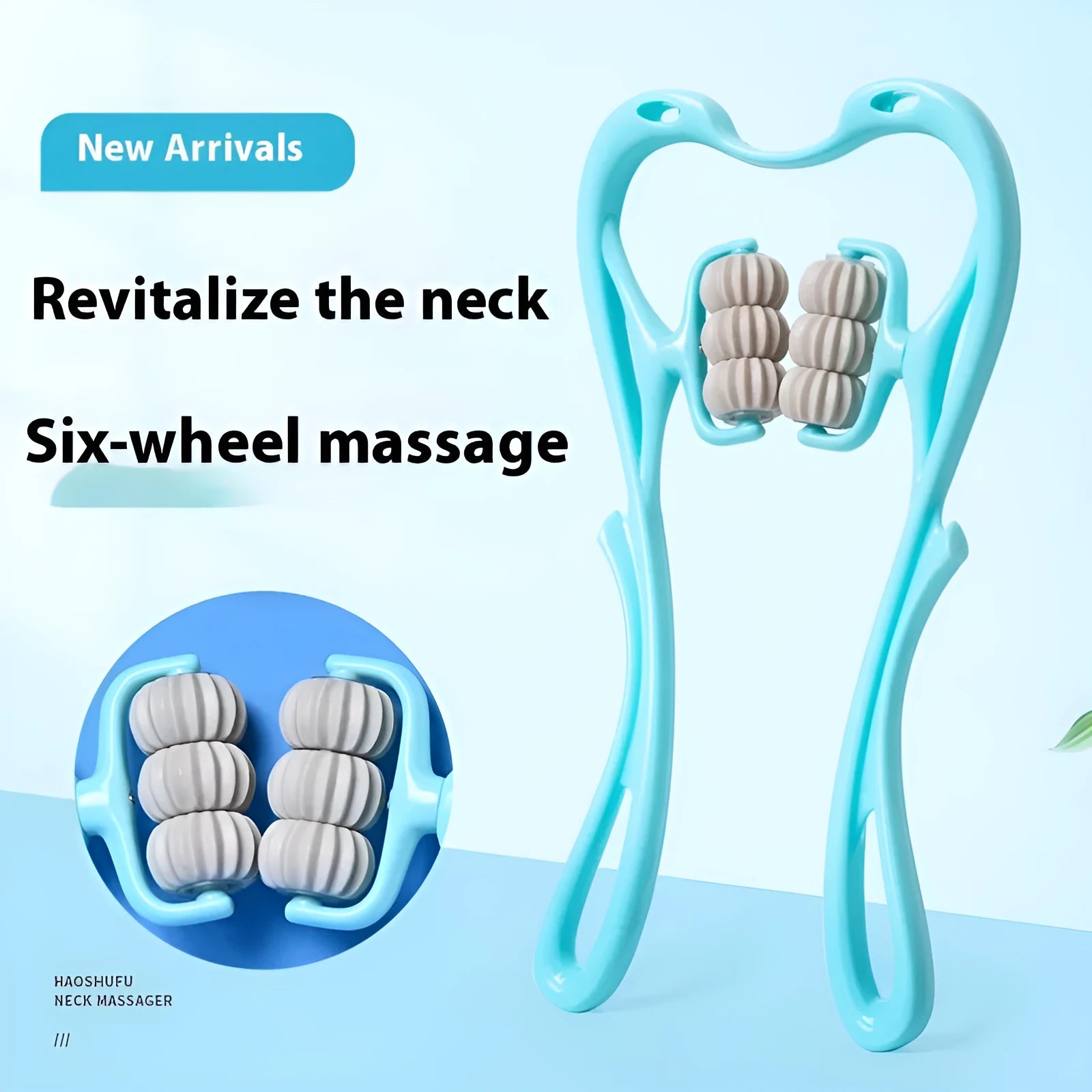 Blue plastic handheld massager with six rotating wheels for neck, shoulder and back relief.
