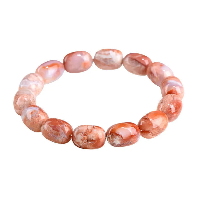 Natural cherry agate barrel bead bracelet with geometric shape and ruyi charm