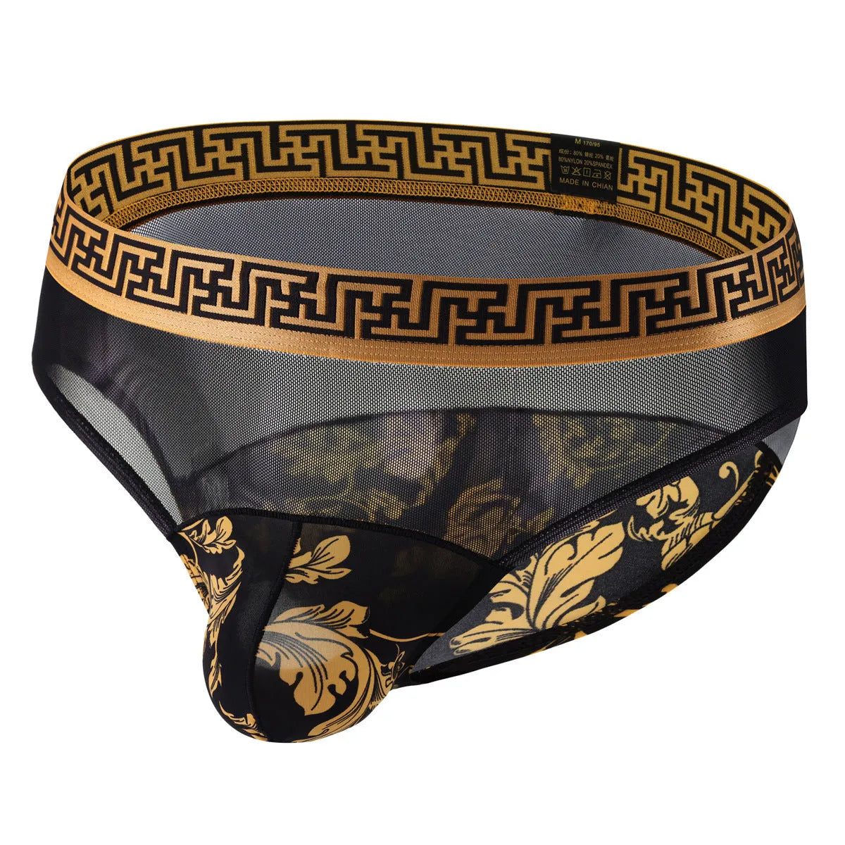 Men's nylon mesh mid waist briefs with floral print stitching, Timbo pattern