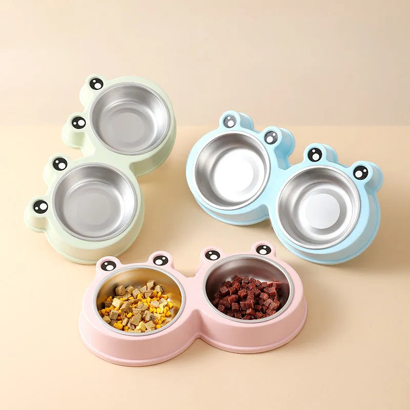 Stainless steel pet double bowl with elevated frog-style base in blue colour for cat and dog feeding