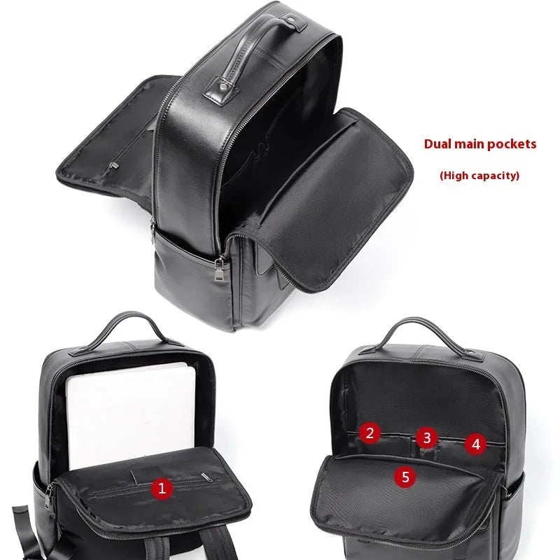 Black genuine leather men's computer backpack with a 36-55L capacity and contoured back plate.
