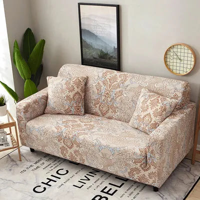 Geometric print polyester sofa slipcover stretched over sofa with matching pillowcase
