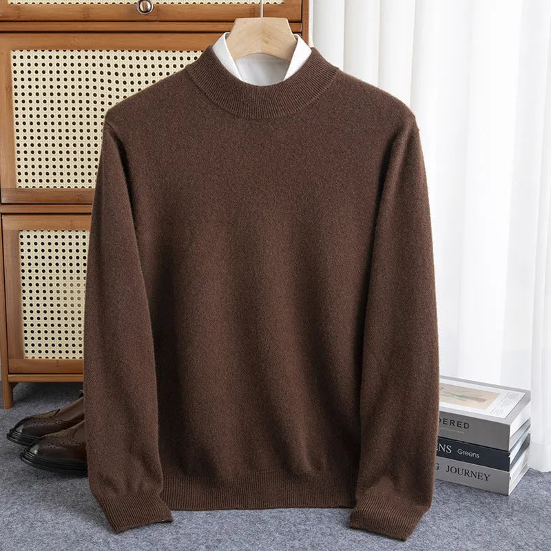Man wearing a loose-fit half-collar wool sweater in a textured knit, shown in one of the available colours like camel or dark grey.