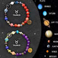Set of two natural stone beaded bracelets on a wrist, each with different beads representing zodiac signs.