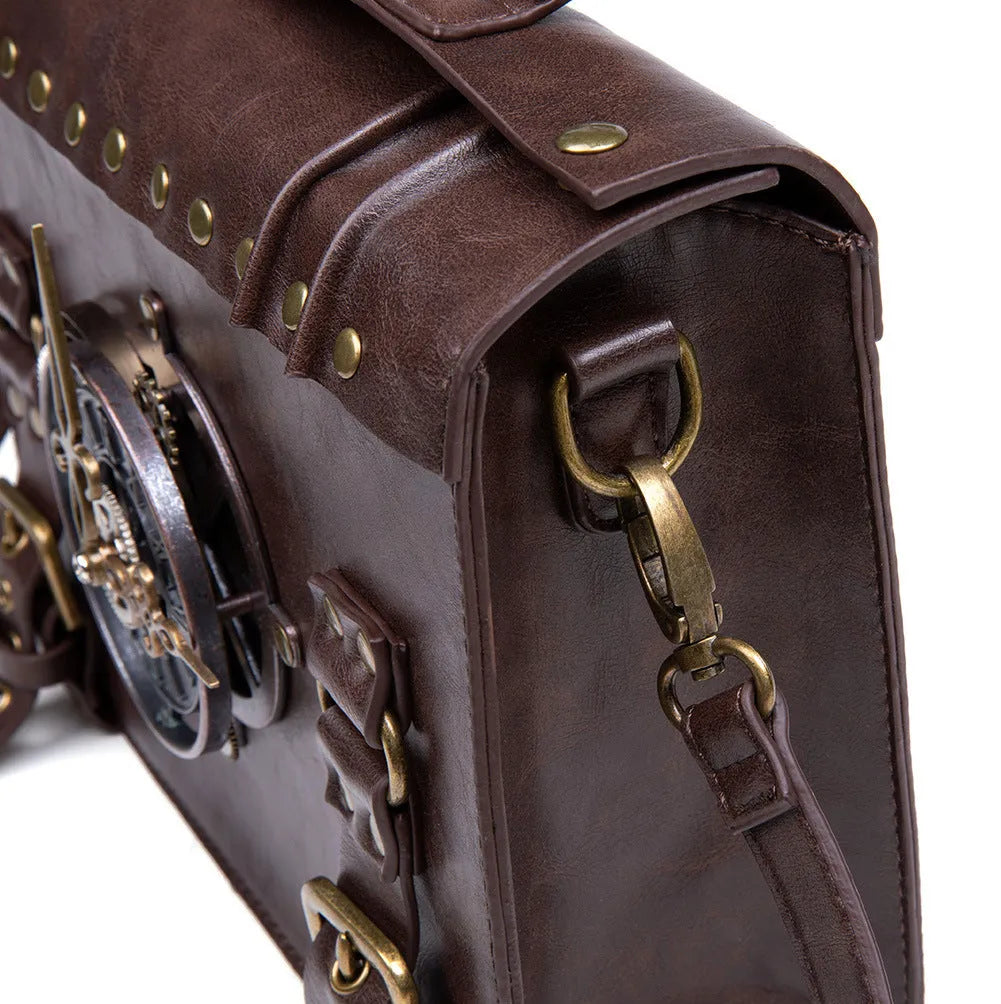 Bronze steampunk industrial retro style square shoulder bag with metal details.