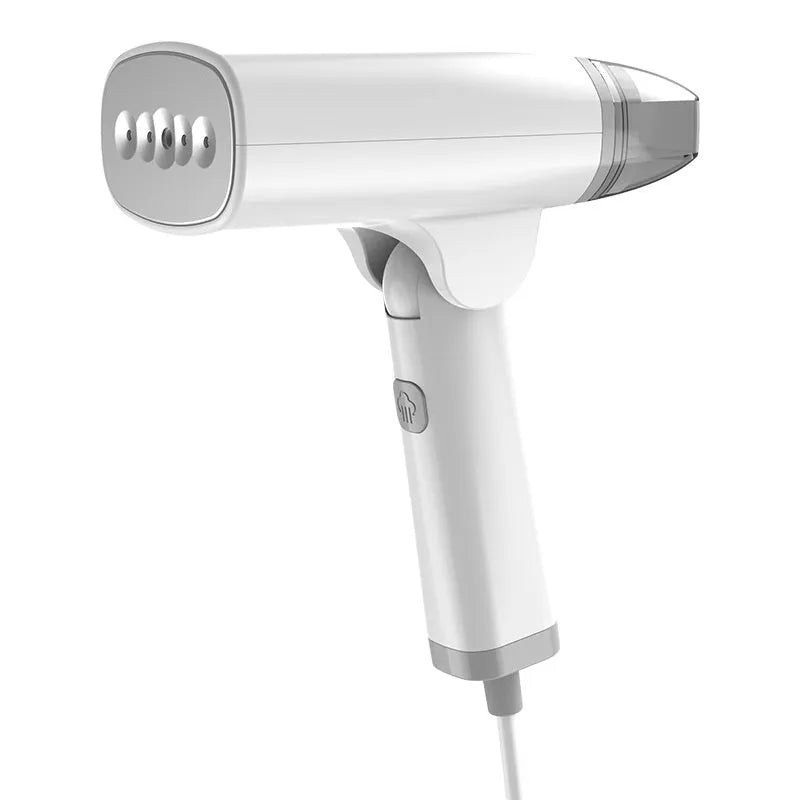Blue and white handheld garment steamer with 1300W power and two temperature settings