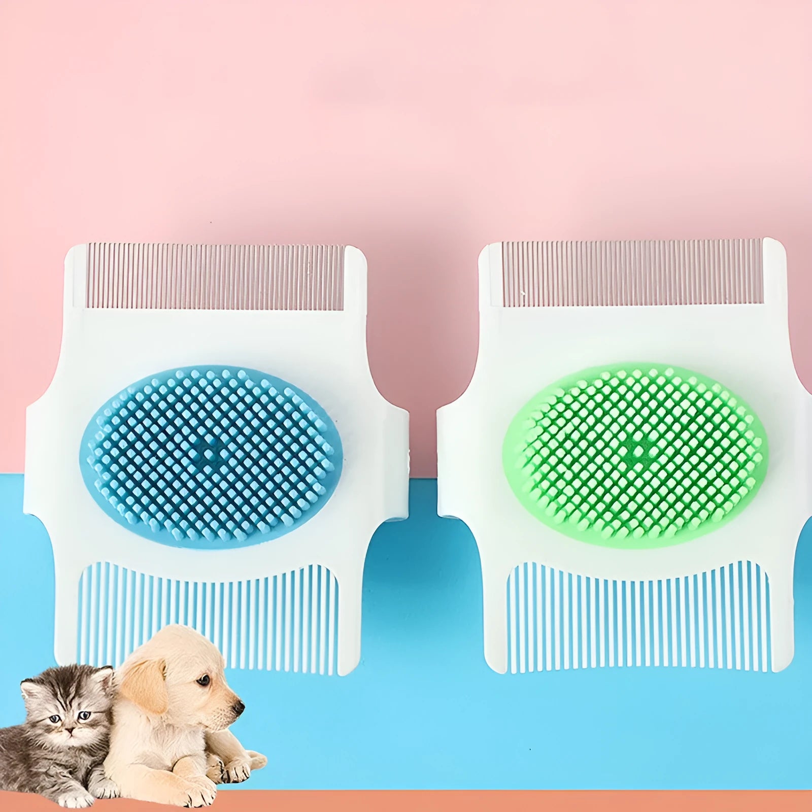 Blue pet grooming comb with floating hair removal feature for dogs and cats