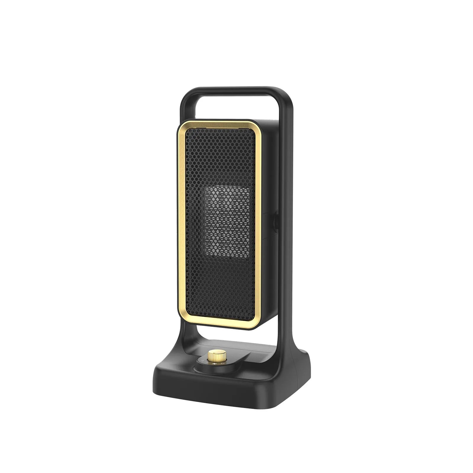 Compact black PTC ceramic desktop heater with control knob showing three speed settings