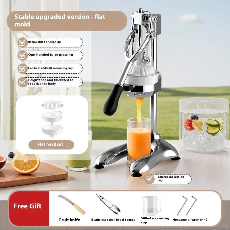 Stainless steel manual orange juice juicer on a counter, showing large cone and metal finish.