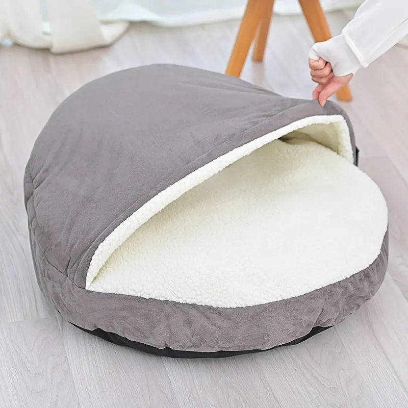 Brown and grey removable washable cloth dog kennel showing S and M size options