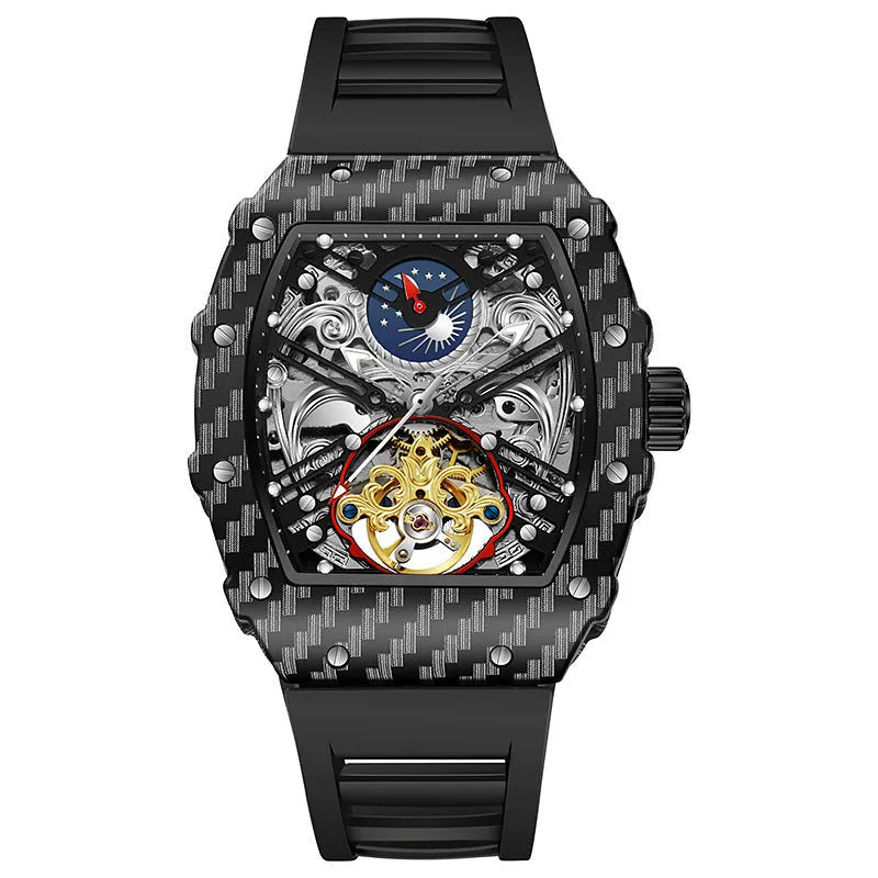 Mechanical waterproof men's watch with luminous hands, black face and rubber strap