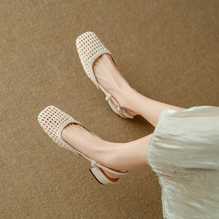 Women's beige woven sandals with a closed square toe, chunky block heel, and an adjustable buckle strap across the foot.