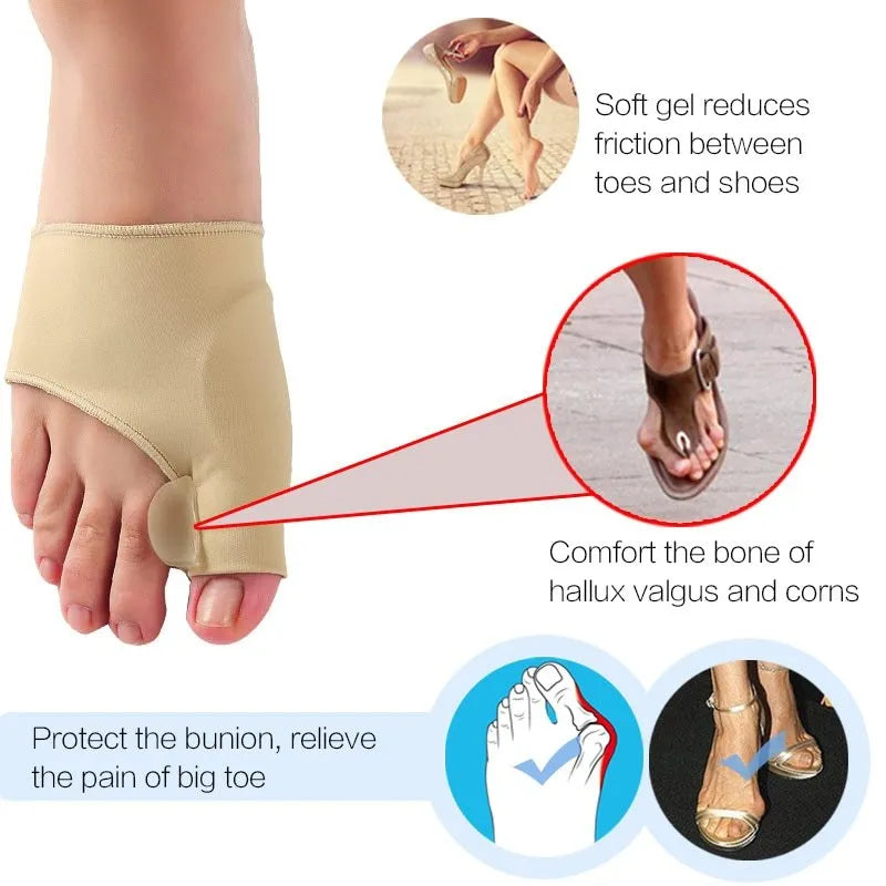 Corrective bunion relief socks with silicone gel pad and toe spacer in sizes S, M, L.