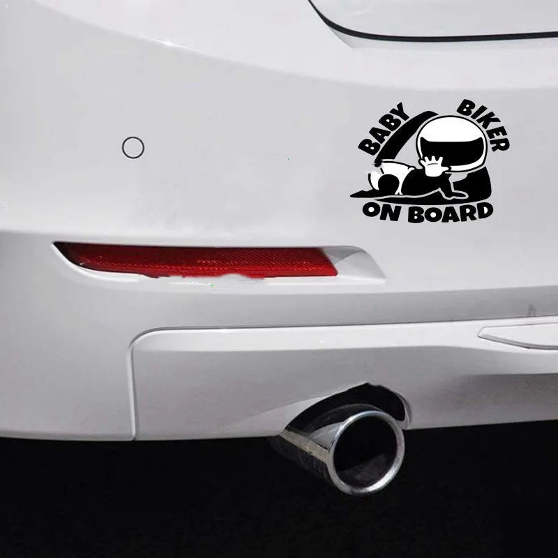 Reflective baby on board car sticker showing 14.5cm x 15cm black and white options